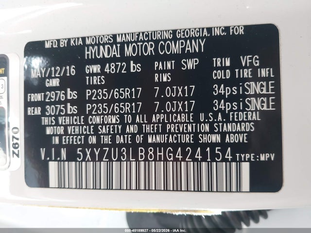 Aukcja sprzedaży 2017 Hyundai Santa Fe Sport 2.4l, vin: 5XYZU3LB8HG424154, numer aukcji: 45189927