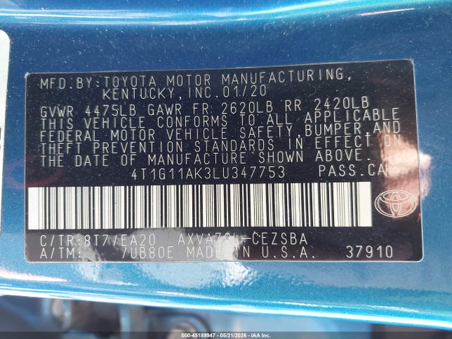 Toyota CAMRY SE 2020 4T1G11AK3LU347753 Image 9