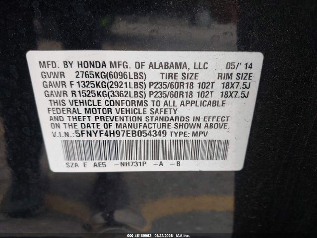 5FNYF4H97EB054349 Honda Pilot Touring