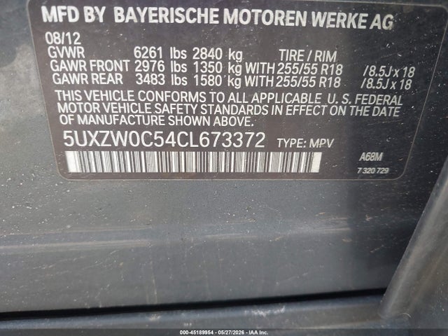 Aukcja sprzedaży 2012 Bmw X5 Xdrive35d, vin: 5UXZW0C54CL673372, numer aukcji: 45189954