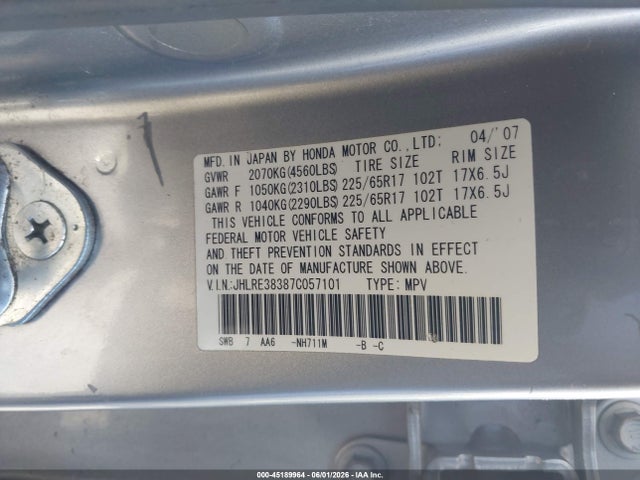 45189964 :رقم المزاد ، JHLRE38387C057101 vin ، 2007 Honda Cr-v Lx مزاد بيع