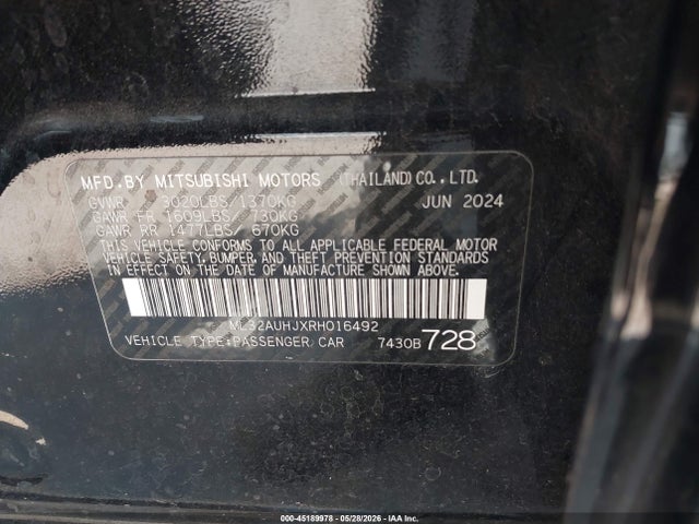 45189978 :رقم المزاد ، ML32AUHJXRH016492 vin ، 2024 Mitsubishi Mirage Es/le مزاد بيع