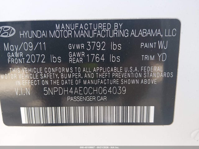 Aukcja sprzedaży 2012 Hyundai Elantra Gls, vin: 5NPDH4AE0CH064039, numer aukcji: 45189987