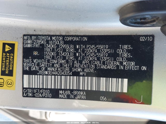 Aukcja sprzedaży 2010 Toyota Highlander Hybrid Base V6, vin: JTEBW3EH4A2043054, numer aukcji: 45189996