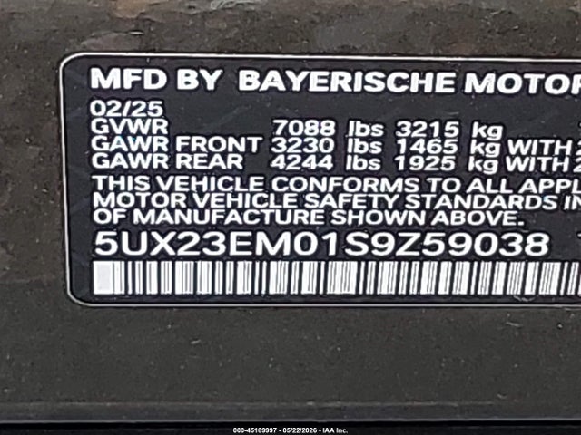 Продаж на аукціоні авто 2025 Bmw X7 Xdrive40i, vin: 5UX23EM01S9Z59038, номер лоту: 45189997