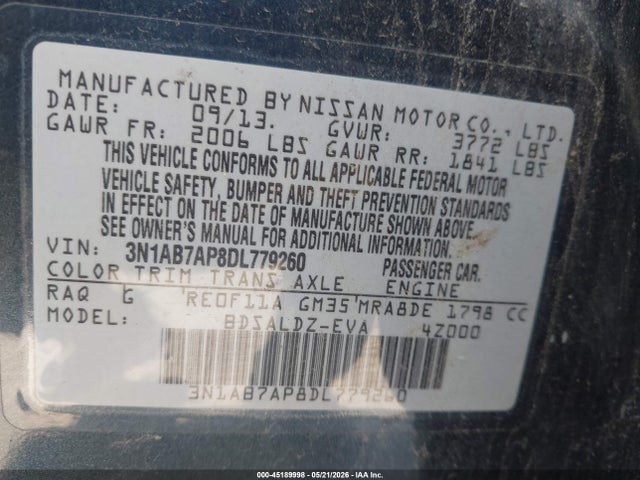 Продажа на аукционе авто 2013 Nissan Sentra Sv, vin: 3N1AB7AP8DL779260, номер лота: 45189998
