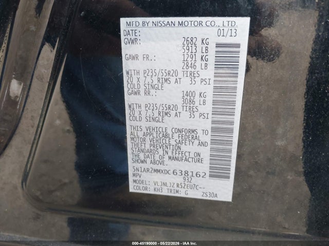 Продажа на аукционе авто 2013 Nissan Pathfinder Platinum, vin: 5N1AR2MMXDC638162, номер лота: 45190000