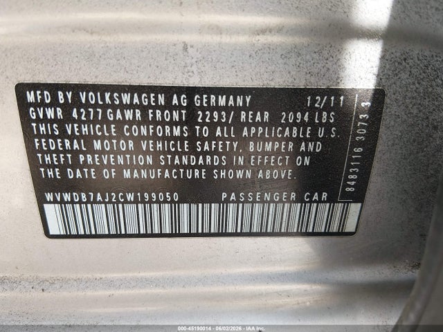 45190014 :رقم المزاد ، WVWDB7AJ2CW199050 vin ، 2012 Volkswagen Golf 2.5l 4-door مزاد بيع