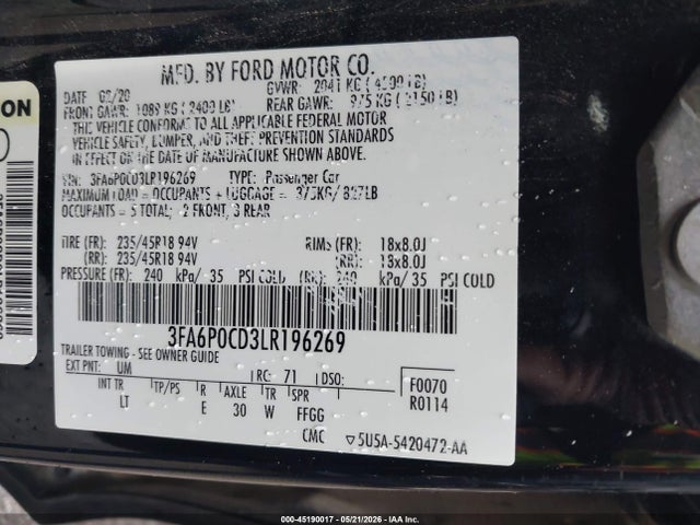 Продажа на аукционе авто 2020 Ford Fusion Sel, vin: 3FA6P0CD3LR196269, номер лота: 45190017