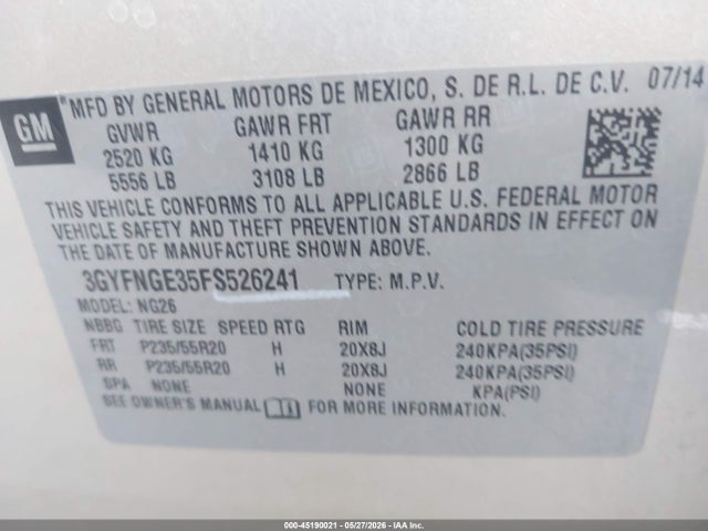Aukcja sprzedaży 2015 Cadillac Srx Premium Collection, vin: 3GYFNGE35FS526241, numer aukcji: 45190021