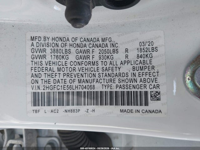 Продажа на аукционе авто 2020 Honda Civic Si Sedan, vin: 2HGFC1E56LH704068, номер лота: 45190024