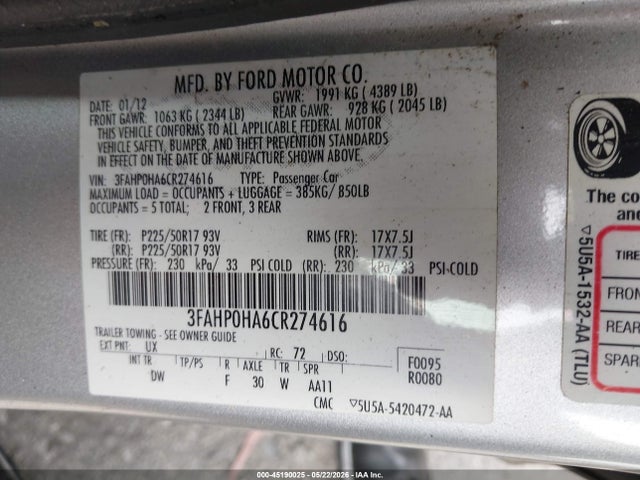 Aukcja sprzedaży 2012 Ford Fusion Se, vin: 3FAHP0HA6CR274616, numer aukcji: 45190025