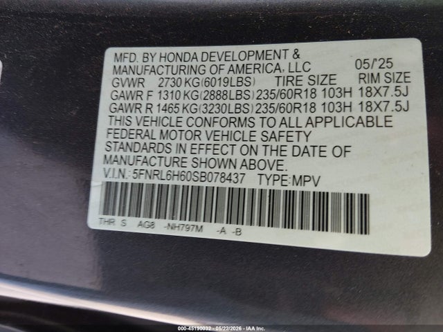 Продажа на аукционе авто 2025 Honda Odyssey Ex-l, vin: 5FNRL6H60SB078437, номер лота: 45190032