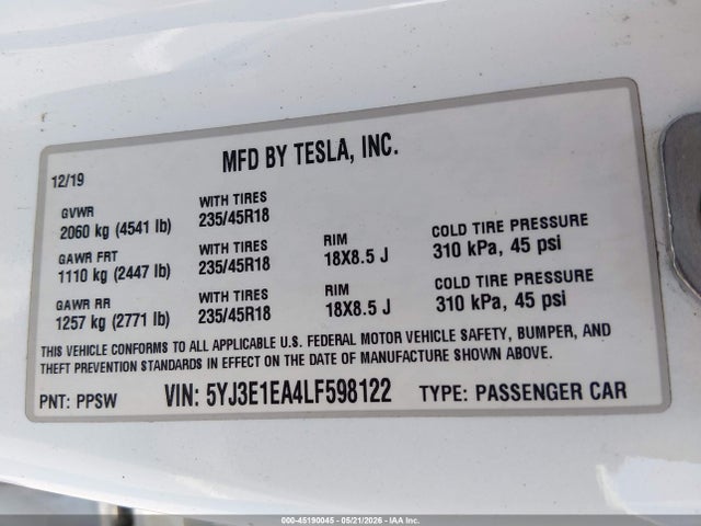 45190045 :رقم المزاد ، 5YJ3E1EA4LF598122 vin ، 2020 Tesla Model 3 Standard Range Plus Rear-wheel Drive/standard Range Rear-wheel Drive مزاد بيع