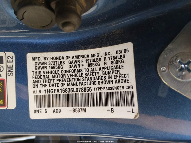 Aukcja sprzedaży 2006 Honda Civic Ex, vin: 1HGFA16836L078856, numer aukcji: 45190046