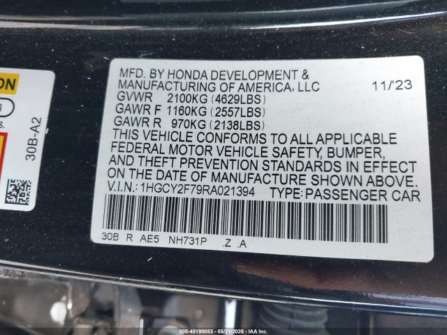 Aukcja sprzedaży 2024 Honda Accord Hybrid Sport-l, vin: 1HGCY2F79RA021394, numer aukcji: 45190053