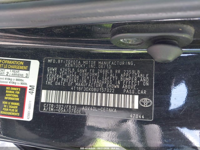 45190054 :رقم المزاد ، 4T1BF3EK0BU157022 vin ، 2011 Toyota Camry مزاد بيع