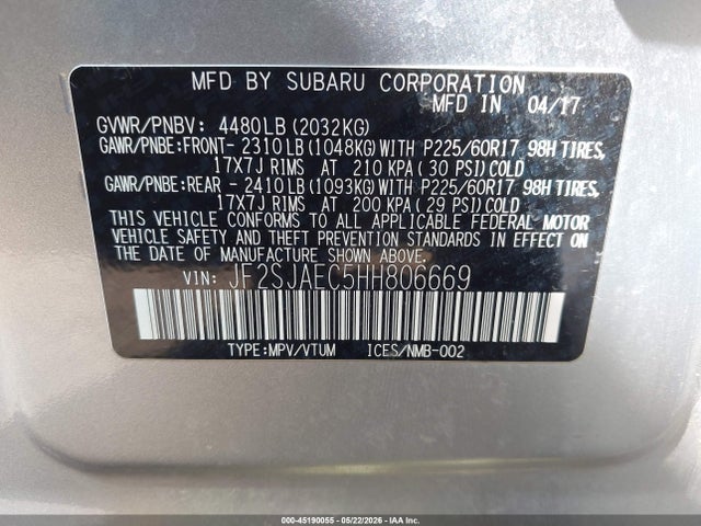 2017 Subaru Forester 2.5i Premium მანქანა იყიდება აუქციონზე, vin: JF2SJAEC5HH806669, აუქციონის ნომერი: 45190055