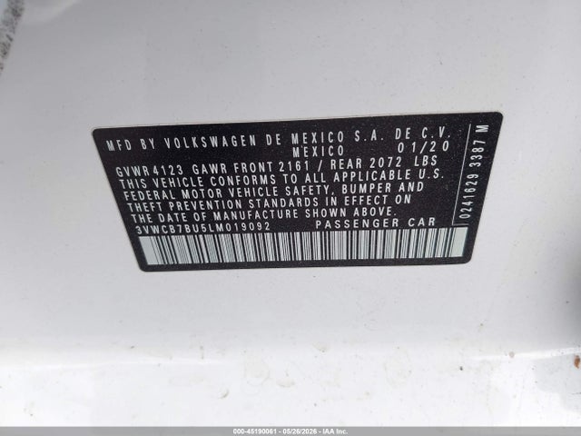 Aukcja sprzedaży 2020 Volkswagen Jetta 1.4t R-line/1.4t S/1.4t Se, vin: 3VWCB7BU5LM019092, numer aukcji: 45190061