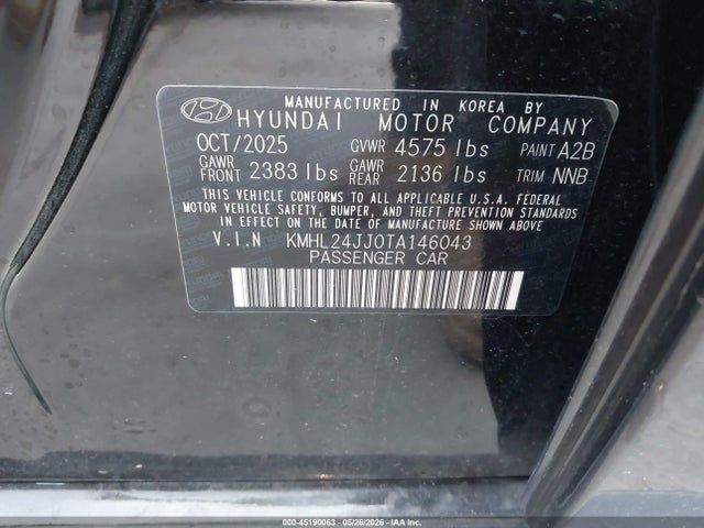 Продажа на аукционе авто 2026 Hyundai Sonata Hybrid Blue, vin: KMHL24JJ0TA146043, номер лота: 45190063