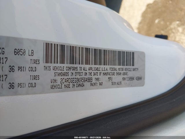 45190071 :رقم المزاد ، 2C4RDGEG9KR564989 vin ، 2019 Dodge Grand Caravan Gt مزاد بيع
