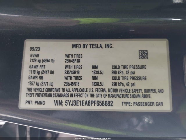 Aukcja sprzedaży 2023 Tesla Model 3 Rear-wheel Drive, vin: 5YJ3E1EA6PF658682, numer aukcji: 45190073