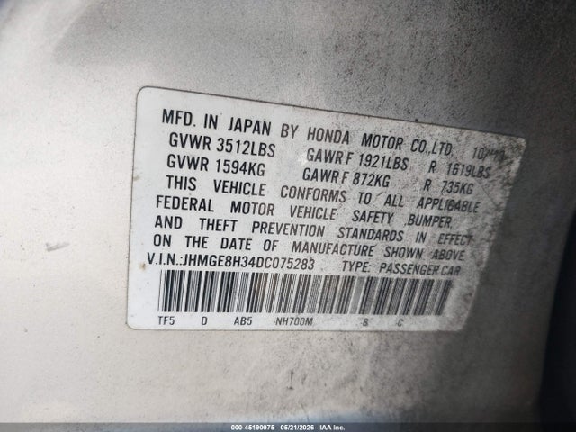 45190075 :رقم المزاد ، JHMGE8H34DC075283 vin ، 2013 Honda Fit مزاد بيع