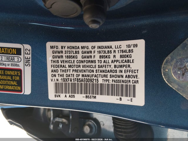 45190078 :رقم المزاد ، 19XFA1F85AE009215 vin ، 2010 Honda Civic Ex مزاد بيع