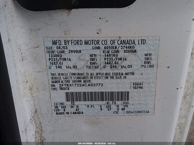45190086 :رقم المزاد ، 2FTRX17224CA03772 vin ، 2004 Ford F-150 Heritage Xl/xlt مزاد بيع