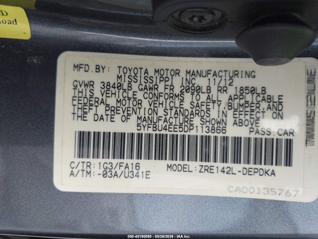 Aukcja sprzedaży 2013 Toyota Corolla L, vin: 5YFBU4EE5DP113866, numer aukcji: 45190090