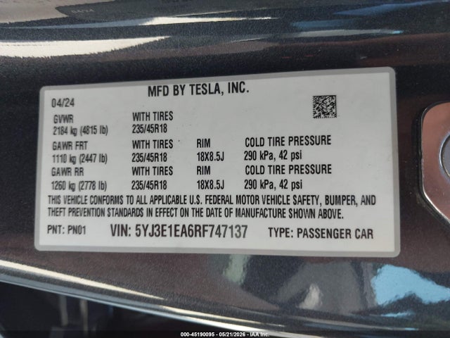Продажа на аукционе авто 2024 Tesla Model 3 Long Range Dual Motor All-wheel Drive/rear-wheel Drive, vin: 5YJ3E1EA6RF747137, номер лота: 45190095