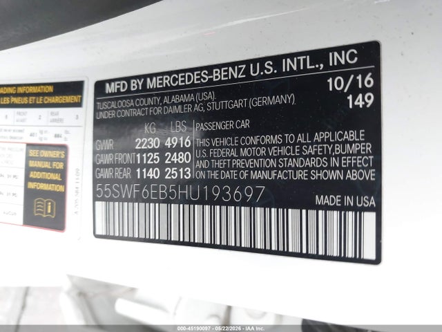 Aukcja sprzedaży 2017 Mercedes-benz Amg C 43 4matic, vin: 55SWF6EB5HU193697, numer aukcji: 45190097