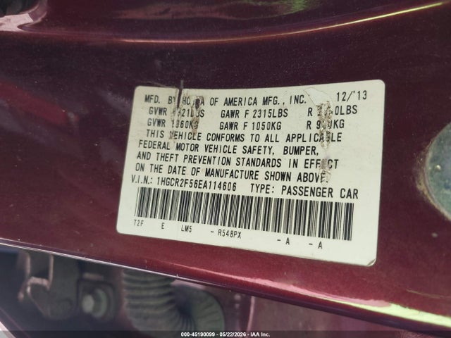 45190099 :رقم المزاد ، 1HGCR2F56EA114606 vin ، 2014 Honda Accord Sport مزاد بيع
