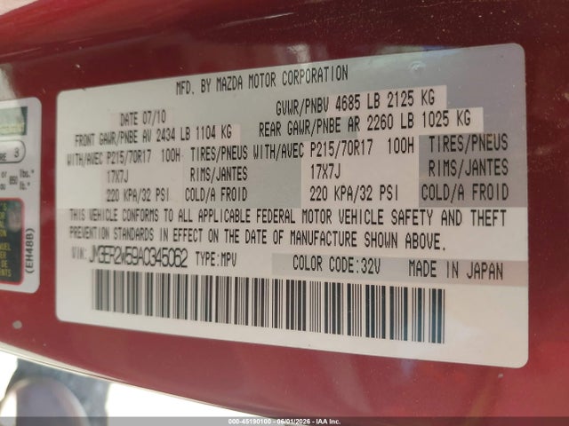 45190100 :رقم المزاد ، JM3ER2W59A0345062 vin ، 2010 Mazda Cx-7 I Sport مزاد بيع