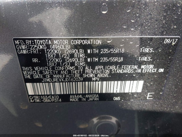 Aukcja sprzedaży 2018 Toyota Rav4 Hybrid Limited, vin: JTMDJREVXJD162039, numer aukcji: 45190102