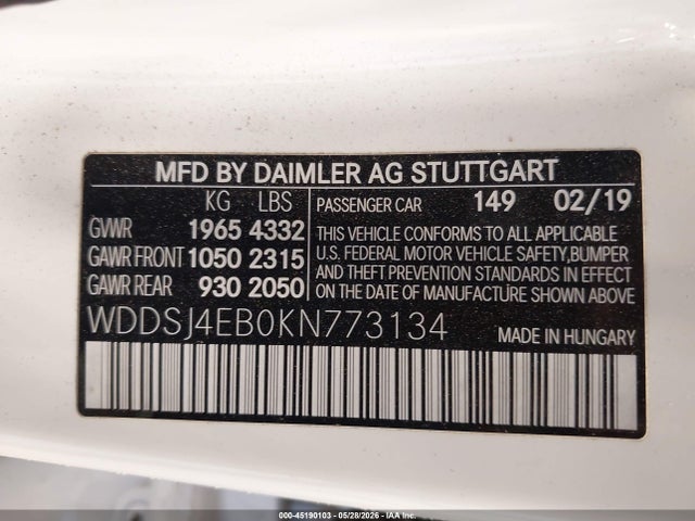 Продажа на аукционе авто 2019 Mercedes-benz Cla 250, vin: WDDSJ4EB0KN773134, номер лота: 45190103