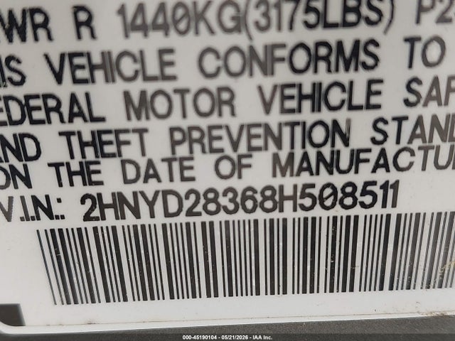 Auction sale of the 2008 Acura Mdx Technology Package, vin: 2HNYD28368H508511, lot number: 45190104