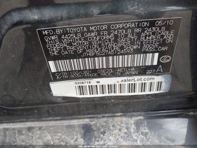 Aukcja sprzedaży 2010 Lexus Is 250, vin: JTHBF5C27A5124593, numer aukcji: 45190105