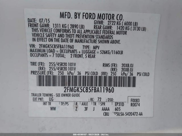 Продажа на аукционе авто 2015 Ford Flex Sel, vin: 2FMGK5C85FBA11960, номер лота: 45190107