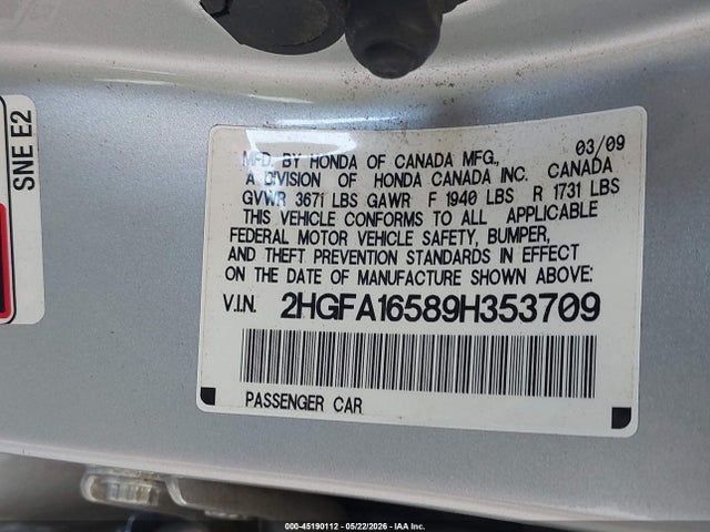 Продажа на аукционе авто 2009 Honda Civic Lx, vin: 2HGFA16589H353709, номер лота: 45190112