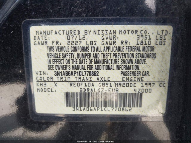 Aukcja sprzedaży 2012 Nissan Sentra 2.0, vin: 3N1AB6AP1CL770862, numer aukcji: 45190119