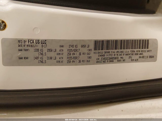 Продаж на аукціоні авто 2017 Dodge Grand Caravan Gt, vin: 2C4RDGEG8HR858070, номер лоту: 45190124