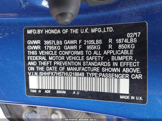 45190128 :رقم المزاد ، SHHFK7H57HU218848 vin ، 2017 Honda Civic Ex مزاد بيع