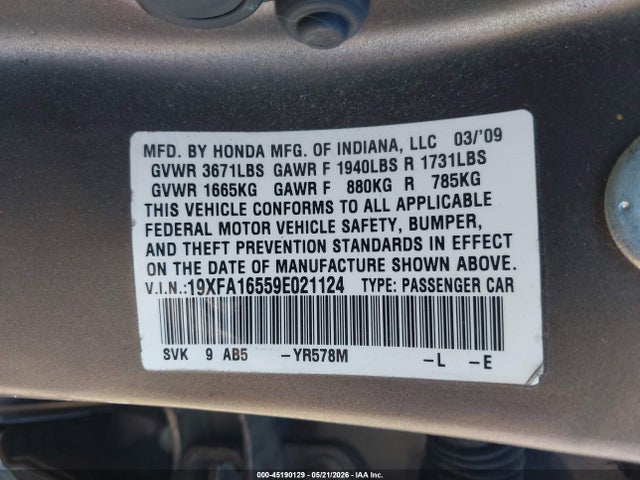 Продажа на аукционе авто 2009 Honda Civic Lx, vin: 19XFA16559E021124, номер лота: 45190129