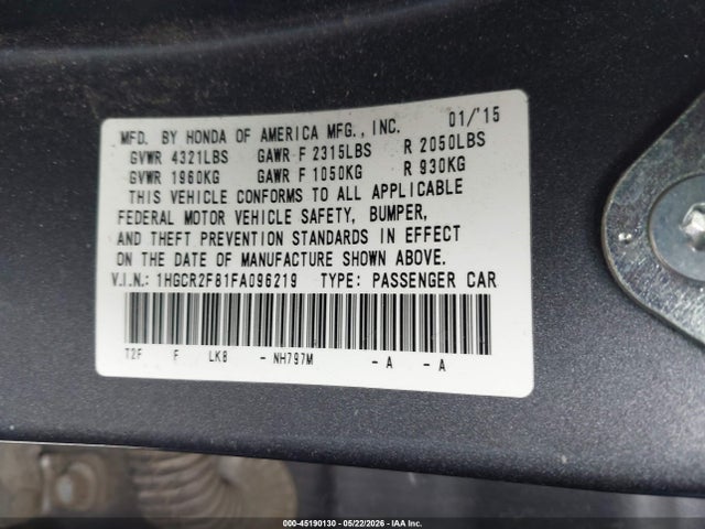 Продаж на аукціоні авто 2015 Honda Accord Ex-l, vin: 1HGCR2F81FA096219, номер лоту: 45190130