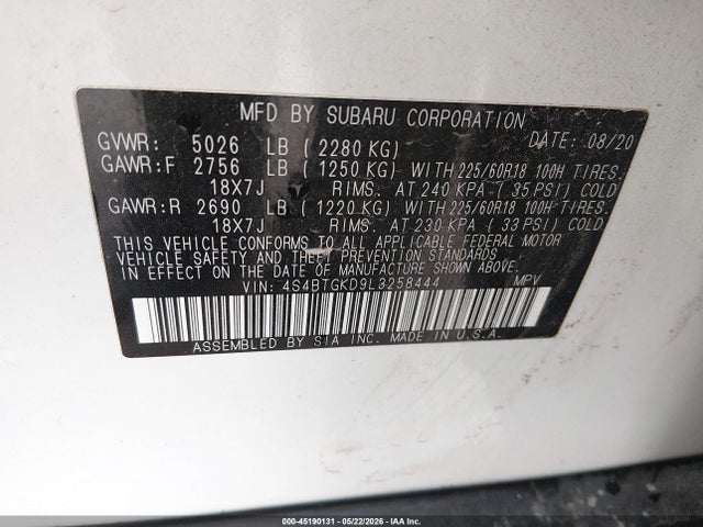 Aukcja sprzedaży 2020 Subaru Outback Onyx Edition Xt, vin: 4S4BTGKD9L3258444, numer aukcji: 45190131