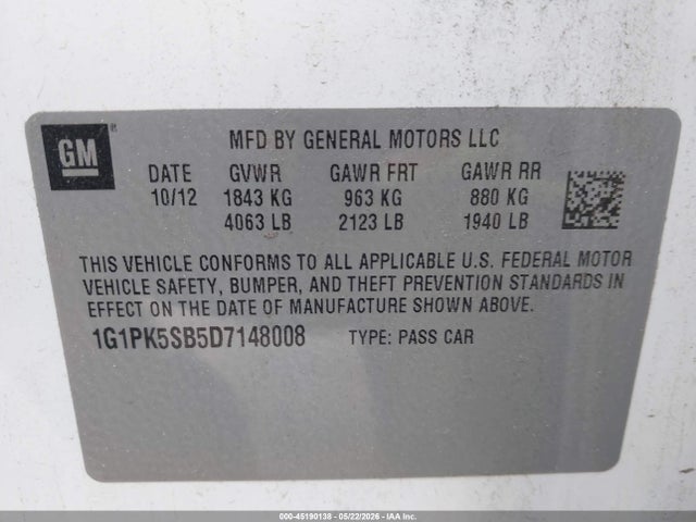 Продажа на аукционе авто 2013 Chevrolet Cruze Lt, vin: 1G1PK5SB5D7148008, номер лота: 45190138