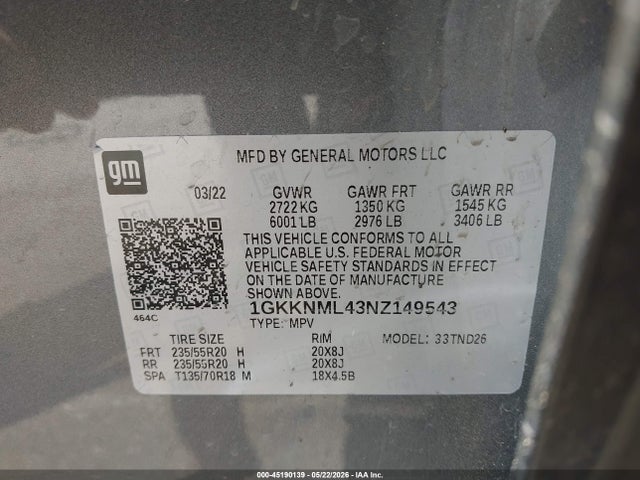 45190139 :رقم المزاد ، 1GKKNML43NZ149543 vin ، 2022 Gmc Acadia Fwd Slt مزاد بيع