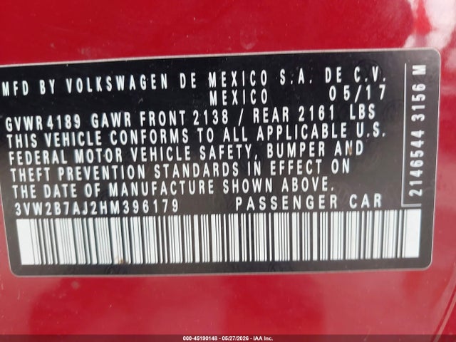 2017 Volkswagen Jetta 1.4t S მანქანა იყიდება აუქციონზე, vin: 3VW2B7AJ2HM396179, აუქციონის ნომერი: 45190148