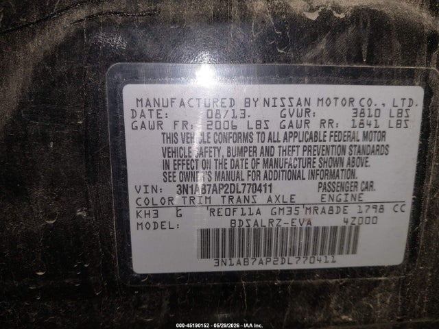 2013 Nissan Sentra Sr მანქანა იყიდება აუქციონზე, vin: 3N1AB7AP2DL770411, აუქციონის ნომერი: 45190152